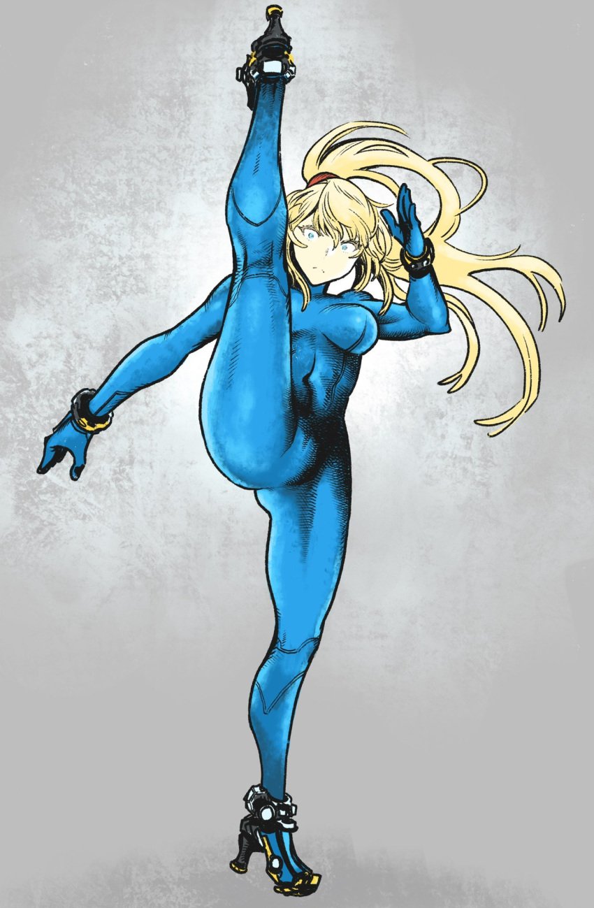 blonde_hair blue_eyes bodysuit breasts curvy female high_heels highres medium_breasts metroid nintendo samus_aran solo split standing standing_on_one_leg standing_split tsunamino_yuu zero_suit zero_suit_samus