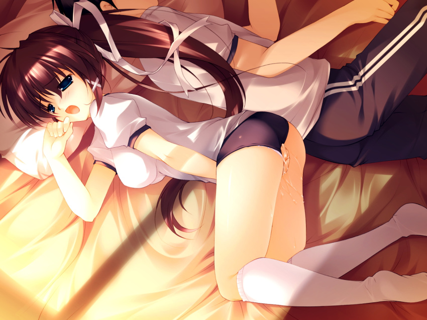 1boy 1girls ass bed blue_eyes breasts brown_hair buruma clothed_masturbation clothing curvy faceless faceless_male female female_focus female_penetrated footwear game_cg gym_uniform hair_ribbon hand_to_mouth highres impossible_clothes impossible_clothing impossible_shirt kiss_to_lord_to_darjeeling kiss_x_lord_x_darjeeling kneehighs large_ass large_breasts long_hair male male_with_female masturbation mikeou on_side open_mouth panties pillow ponytail pussy_juice ribbon secret shirt side_ponytail sleeping socks stealth stealth_masturbation sunlight tied_hair track_pants underwear wet_panties white_kneehighs white_legwear yashiro_tsubasa