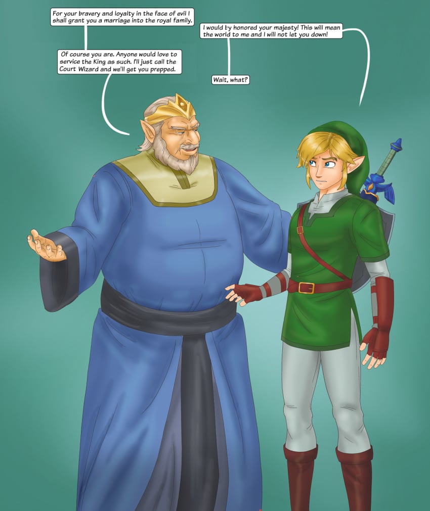 2boys blonde_hair conversation dialogue gender_transformation genderswap king_of_hyrule_(ocarina_of_time) link link_(ocarina_of_time) nintendo ocarina_of_time saturnxart speech_bubble sword the_legend_of_zelda