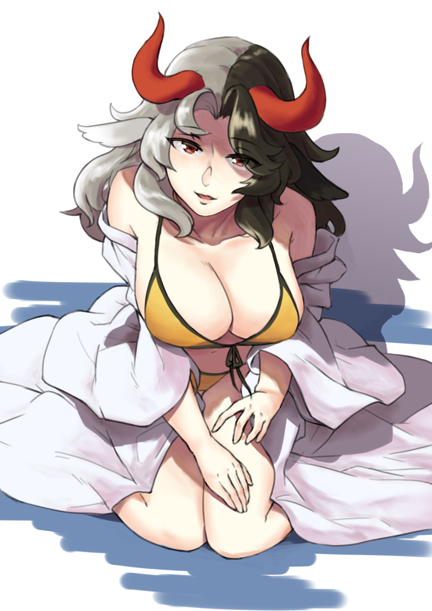 absurdres animal_ears bikini black_hair breasts cleavage collarbone come_hither commentary_request cow_ears cow_horns female front-tie_bikini_top front-tie_top genshoku_area grey_hair hand_on_lap haori highres horns jacket japanese_clothes knees_together_feet_apart large_breasts legs_together looking_at_viewer mature_female medium_hair milf multicolored_hair open_clothes open_jacket parted_lips red_eyes red_horns shaded_face shadow sitting smile solo split-color_hair swimsuit touhou two-tone_hair urumi_ushizaki ushizaki_urumi white_jacket yellow_bikini