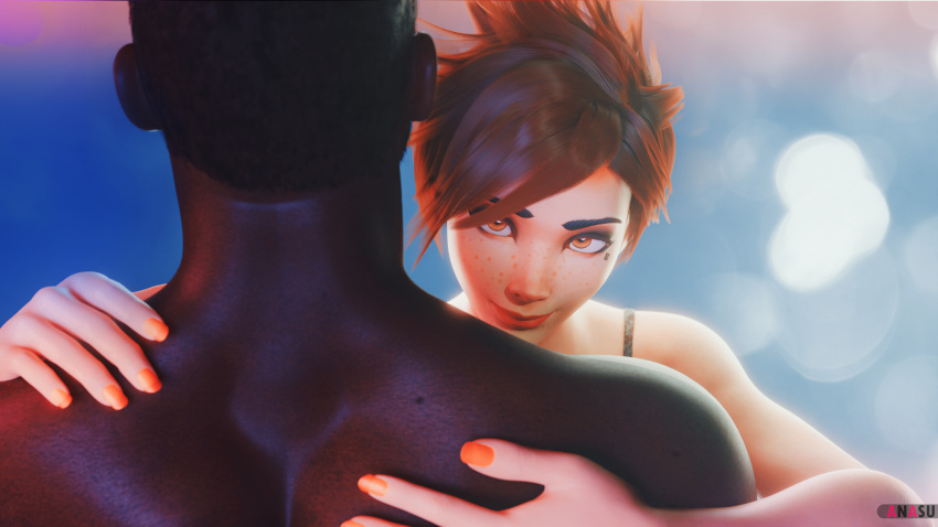 1boy 1boy1girl 1girls 3d 3d_(artwork) anasulewds back_muscles back_view blender bokeh bra_strap brown_hair dark-skinned_male dark_skin face_tattoo fuck_me_eyes hi_res highres hugging interracial long_nails nail_polish naked_male orange_eyes orange_nails overwatch overwatch_2 pale-skinned_female qos queen_of_spades red_lipstick short_hair tattoo tattoo_on_face tracer