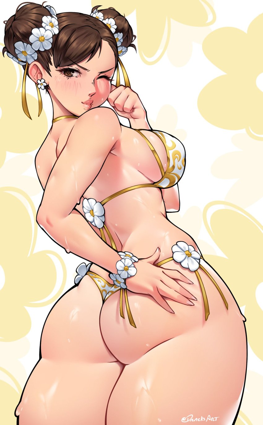 1girls 2024 2d asian asian_female ass big_ass bikini blush blush_lines blushing_at_viewer bracelet breasts brown_eyes brown_hair capcom chun-li closed_mouth clothing color double_bun dracksart earrings female female_only flower flower_earrings flower_in_hair flowers hair_bun hand_on_ass hand_on_hip hi_res large_ass light-skinned_female light_skin looking_at_viewer looking_back looking_back_at_viewer one_eye_closed rear_view sideboob solo solo_female standing street_fighter swimsuit swimwear thick_thighs thighs wet wet_body wet_skin white_flower wide_hips wink winking_at_viewer