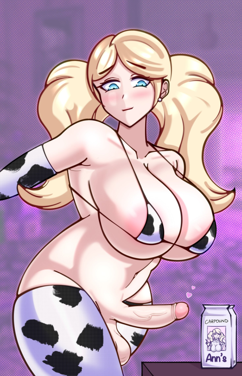 1futa ann_takamaki balls big_breasts big_penis bikini blonde_hair blue_eyes bottomless breasts breasts_bigger_than_head clothed clothing cow_print elbow_gloves erection futa_only futanari gloves hi_res huge_breasts human karfound large_breasts light-skinned_futanari light_skin long_hair megami_tensei milk milk_carton mostly_nude penis persona persona_5 solo standing thighhighs twintails