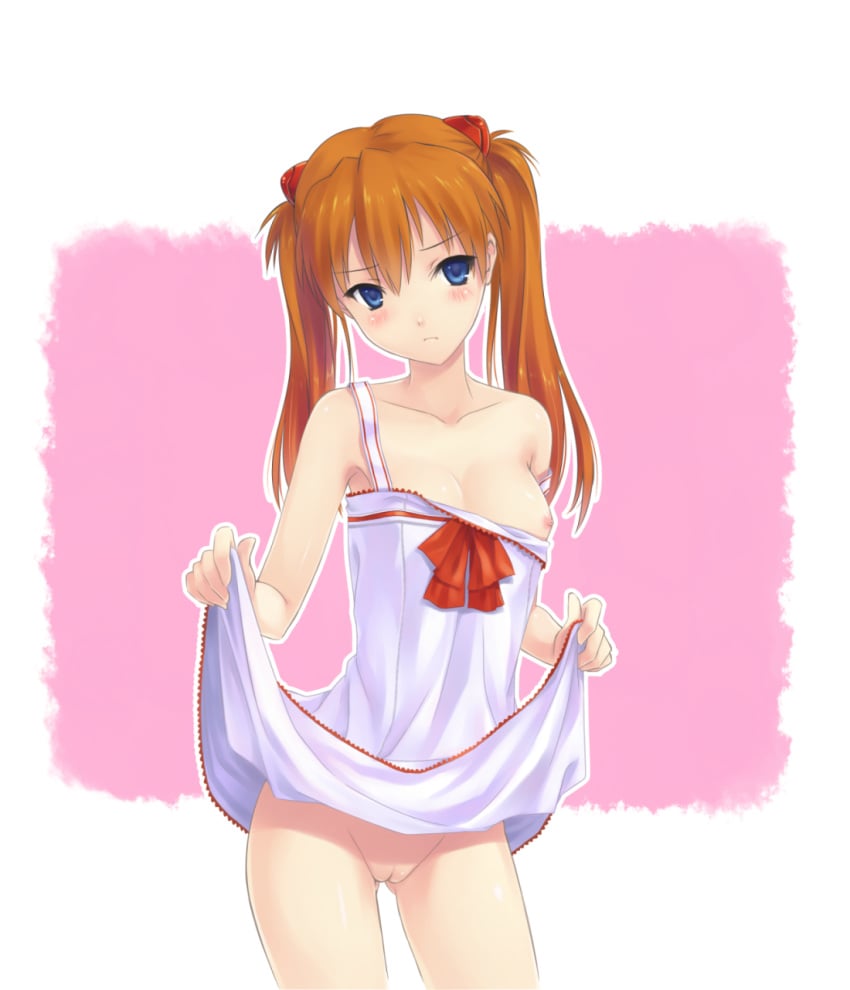 1girls asuka_langley_sohryu blue_eyes blush breasts clothing dress dress_lift female female_only hair hands highres hiten_(hitenkei) human long_hair medium_breasts neon_genesis_evangelion nipple_slip nipples no_bra no_panties orange_hair pointy_chin pussy red_hair solo straight_hair strap_slip tied_hair twintails uncensored