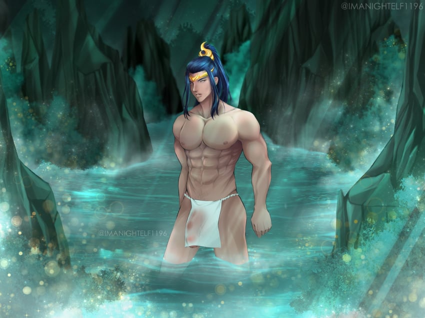 big_penis bulge forest imanightelf long_hair male_only mobile_legends mobile_legends:_bang_bang muscles muscular muscular_male night nude penis penis_bulge solo standing steam straight water zilong