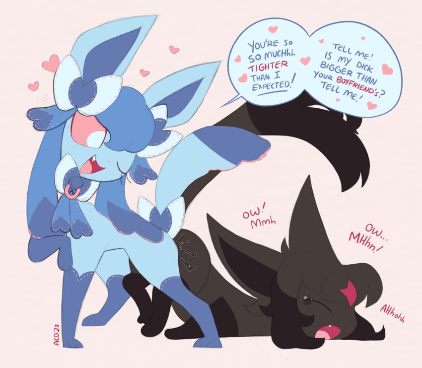 ambiguous_gender ambiguous_penetration andromorph anthro ayceedee black_body black_fur blue_body blue_fur bodily_fluids cheating cucked_by_pokemon cuckold cuntboy eeveelution english_text espeon feral fur generation_2_pokemon generation_4_pokemon glaceon heart_symbol hi_res intersex male male/ambiguous netorare nintendo ntr penetration pokemon pokemon_(species) pokephilia rough_sex sex signature small_penis_humiliation smile tears text