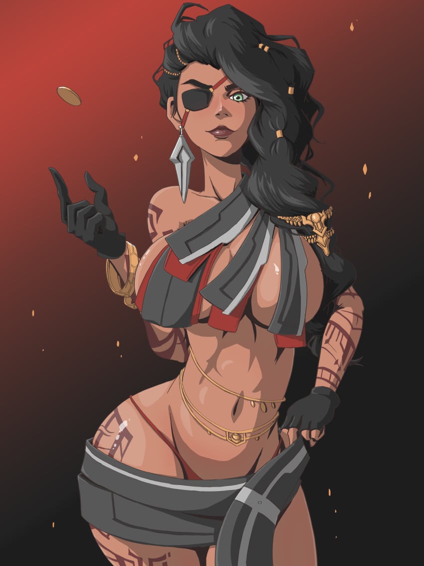 1girls 2d 2d_(artwork) big_breasts big_hips breasts brown_hair cocky eye_patch female female_only gloves green_eyes hips jewelry league_of_legends lipstick long_hair muscular muscular_female revealing_clothes samira_(league_of_legends) solo solo_female tagme tattoo thick_thighs wanderagro893