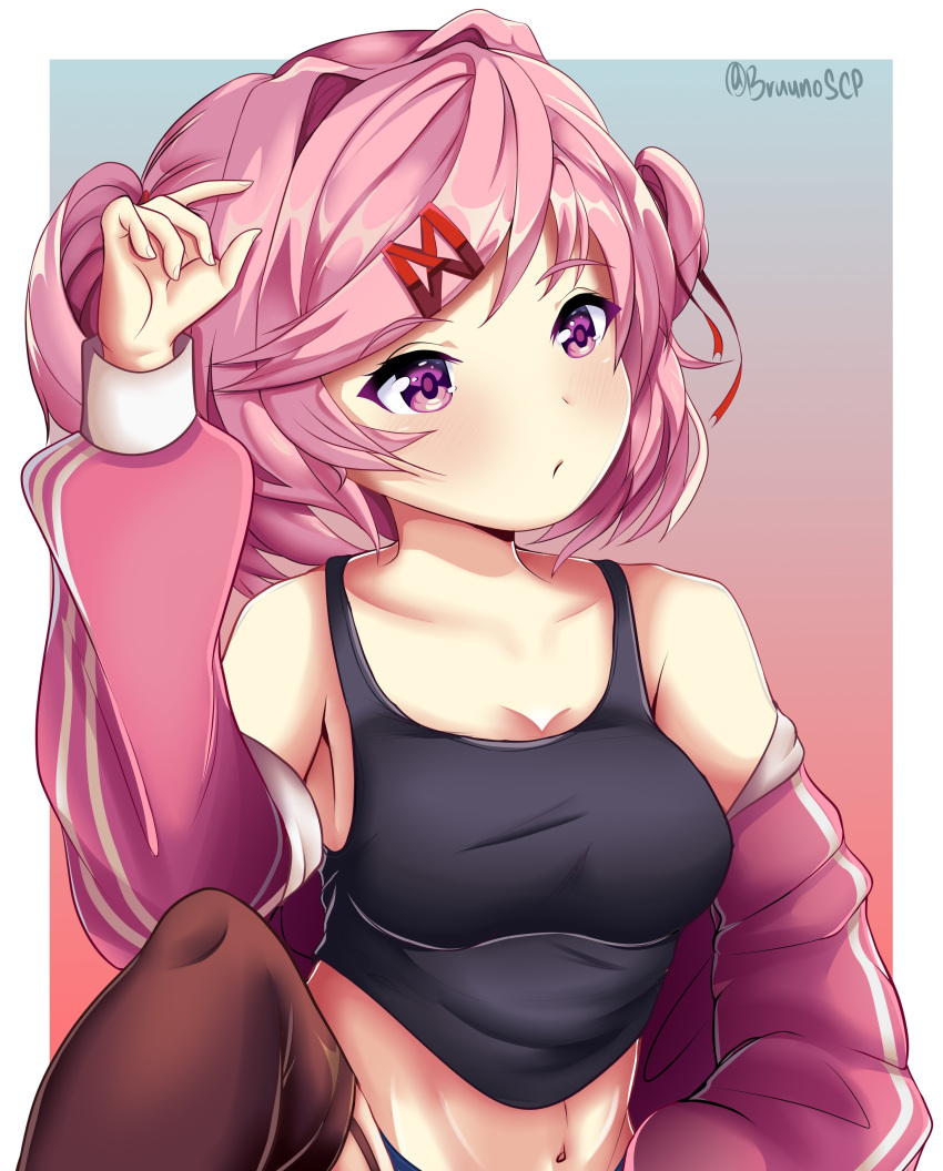 1female 1girls 2d 5_fingers accurate_art_style artist_name bare_shoulders breasts bruuno bruunoscp doki_doki_literature_club female female_only girl hair_intakes light-skinned_female light_skin natsuki_(doki_doki_literature_club) pale-skinned_female pale_skin pink_eyebrows pink_eyes pink_hair solo twitter_username watermark