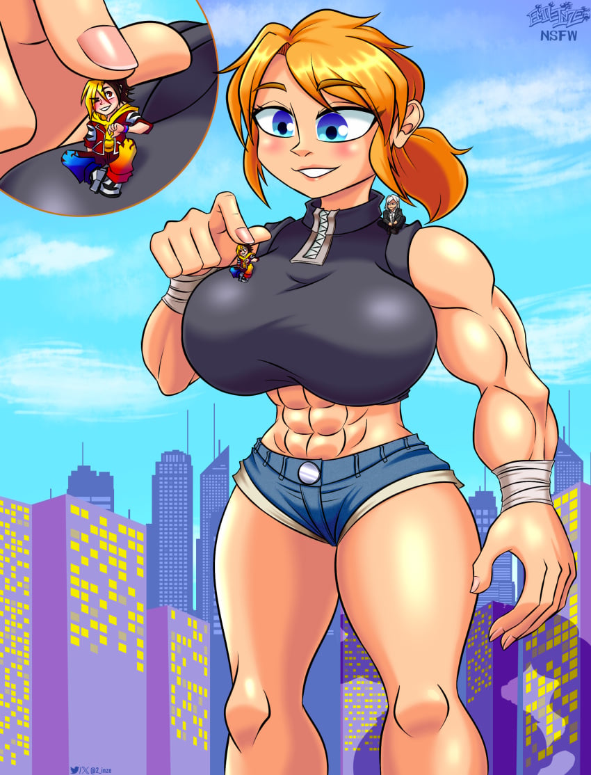 1girls 2boys 2d_(artwork) 2d_artwork big_breasts blonde_hair blue_eyes breasts buff_female buildings carrying_character carrying_person city city_background crossover cute_face cute_female cute_male draw_this_in_your_style dtiys emil-inze finger finger_on_head giant_breasts giantess giantess_growth gigantic_breasts growth hotpants huge_boobs huge_breasts hunter_rank_e large_breasts light_blue_background looking_down muscular_female on_breasts original_character planet_(hunter_rank_e) ponytail size_difference smile smiling tank_top