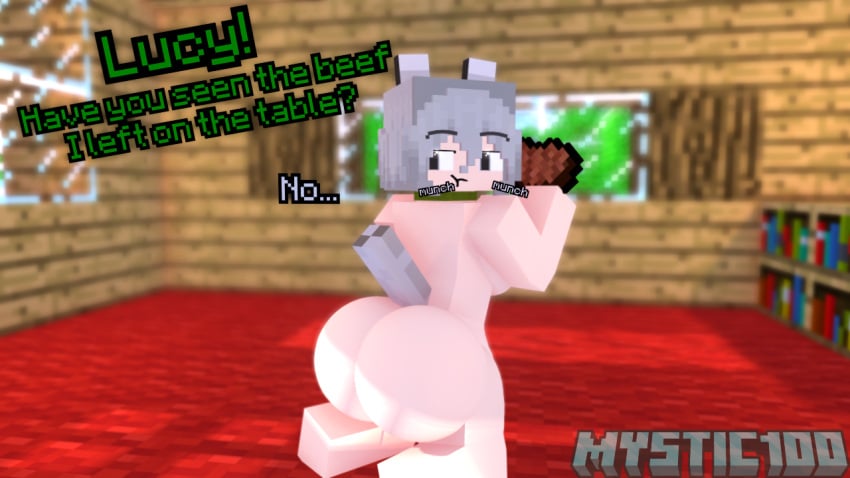 ass big_ass big_breasts big_butt breasts dialogue eating female looking_back lucy_the_wolf mine-imator minecraft mystic100 naked naked_female nude nude_female pale_wolf_(minecraft) red_carpet round_ass round_booty round_butt text wolf_(minecraft) wolf_ears wolf_girl wolf_tail