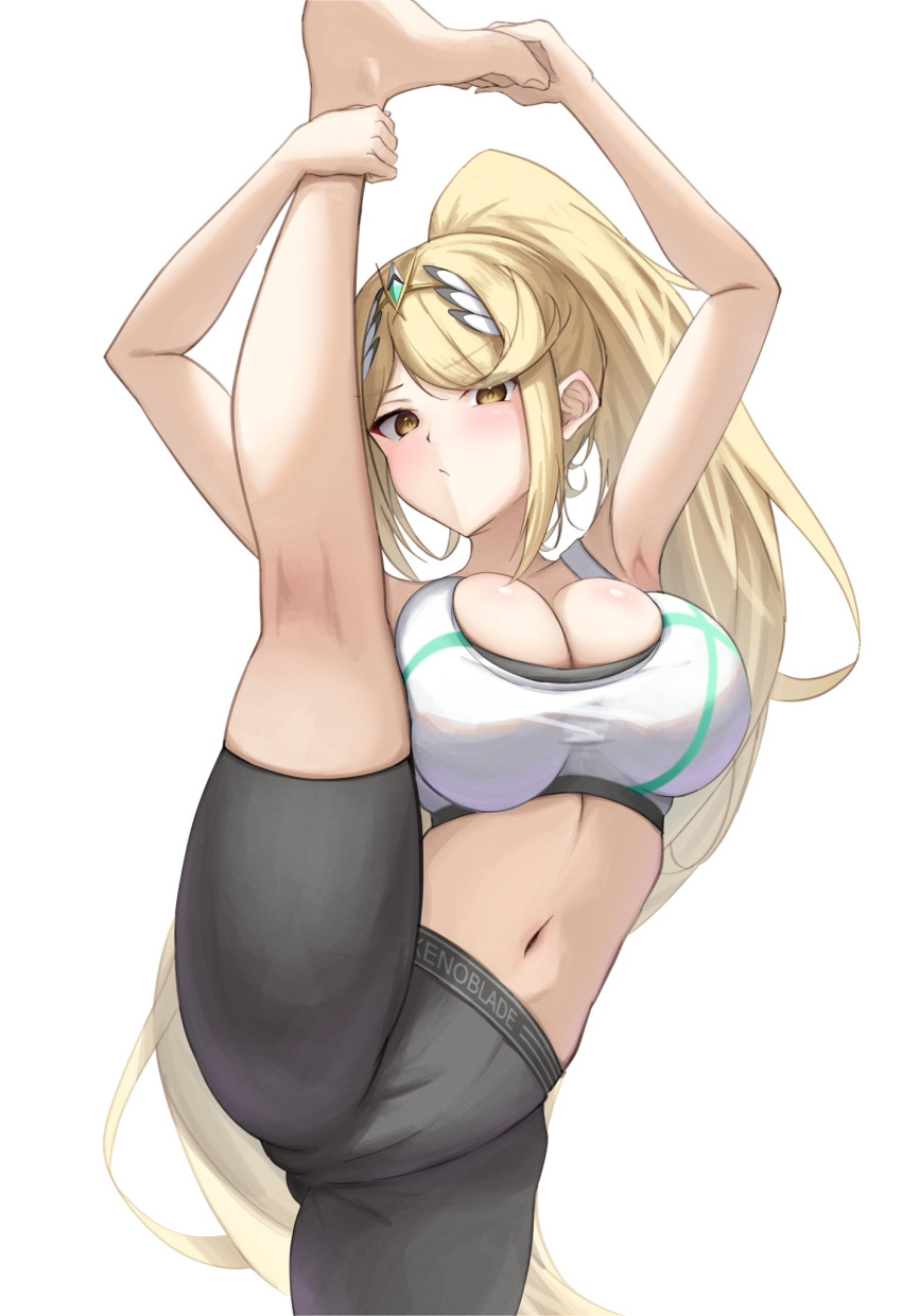 alternate_costume barefoot big_breasts blonde_hair breasts cameltoe female female_only flexible mythra nintendo okazu2010015 okazuart solo splits sports_bra standing_split tight_clothing workout_clothes xenoblade_(series) xenoblade_chronicles_2 yoga_pants