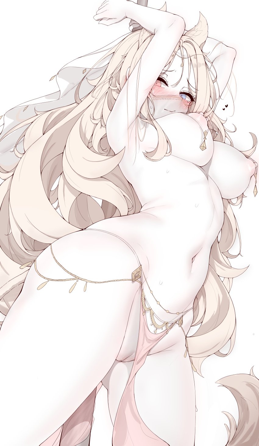 absurdres animal_ears archetto_(arknights) arknights arms_up blonde_hair blue_eyes blush breast_curtains breasts cleft_of_venus closed_mouth commentary_request female from_above heart heterochromia highres korean_commentary large_breasts lilac_(k32420276) long_hair looking_at_viewer mouth_veil navel nipples orange_eyes pelvic_curtain pussy simple_background solo stomach tail tearing_up veil very_long_hair white_background