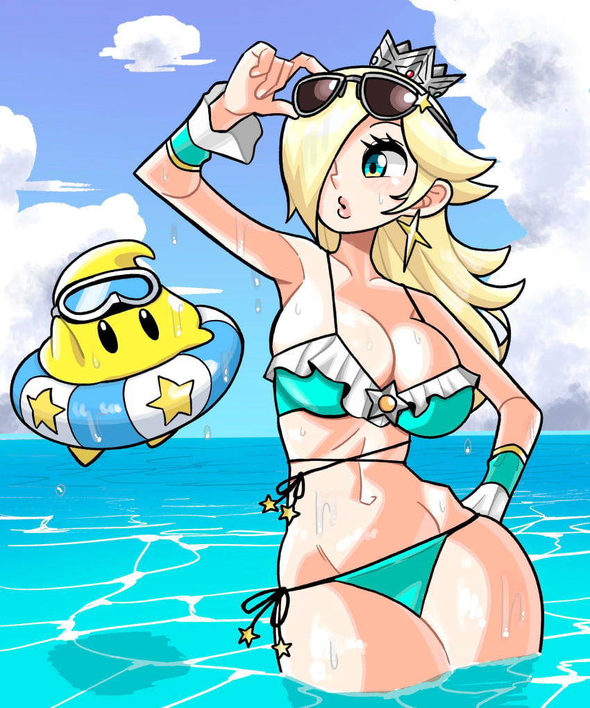 2023 big_breasts bikini black_eyes blonde_hair blue_bikini blue_eyes breasts cleavage earrings female female_focus goggles_on_head hair_over_one_eye innertube luma male mario_(series) n___k___m nintendo princess_rosalina sunglasses sunglasses_on_forehead thick_thighs thighs water wide_hips