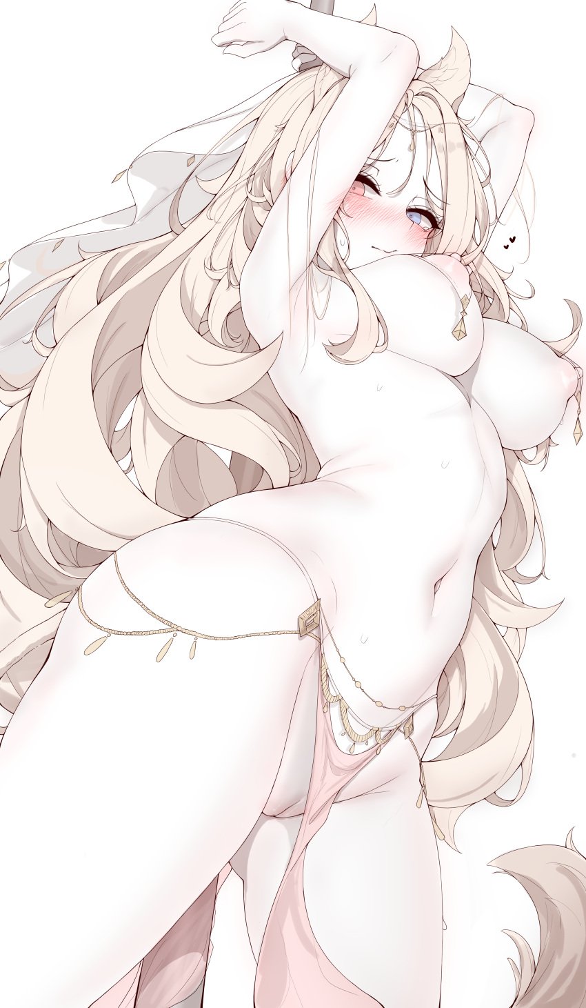 absurdres animal_ears archetto_(arknights) arknights arms_up blonde_hair blue_eyes blush breast_curtains breasts cleft_of_venus closed_mouth female from_above heart heterochromia highres large_breasts lilac_(k32420276) long_hair looking_at_viewer navel nipples orange_eyes pelvic_curtain pussy simple_background solo stomach tail tearing_up very_long_hair white_background