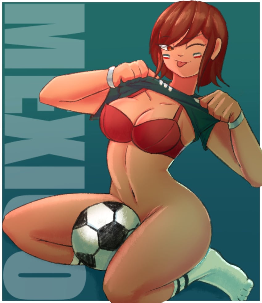 accelart bra brown_hair mexican mexico-chan_(accelart) national_personification shirt_up soccer_ball stockings the_pizza_guy_1012 tongue_out