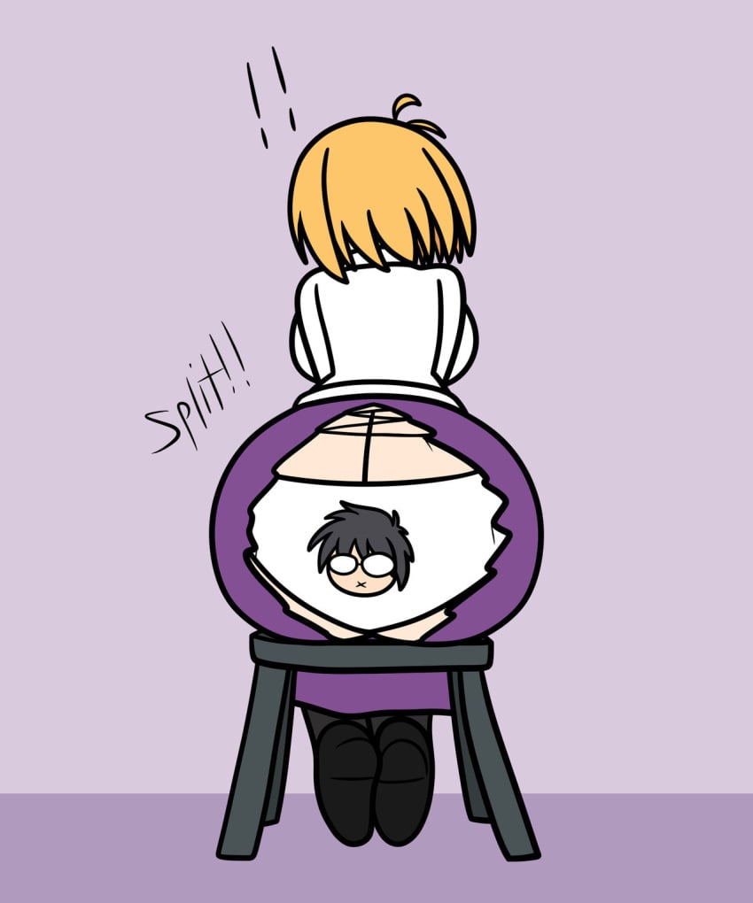 2023 ahoge arcueid_brunestud ass ass_bigger_than_body ass_bigger_than_head ass_focus black_hair blonde_hair butt_focus chair from_behind glasses panties presenting_hindquarters purple_skirt short_hair showing_ass showing_panties sitting skirt tohno_shiki torn_clothes torn_clothing tsukihime yoshister