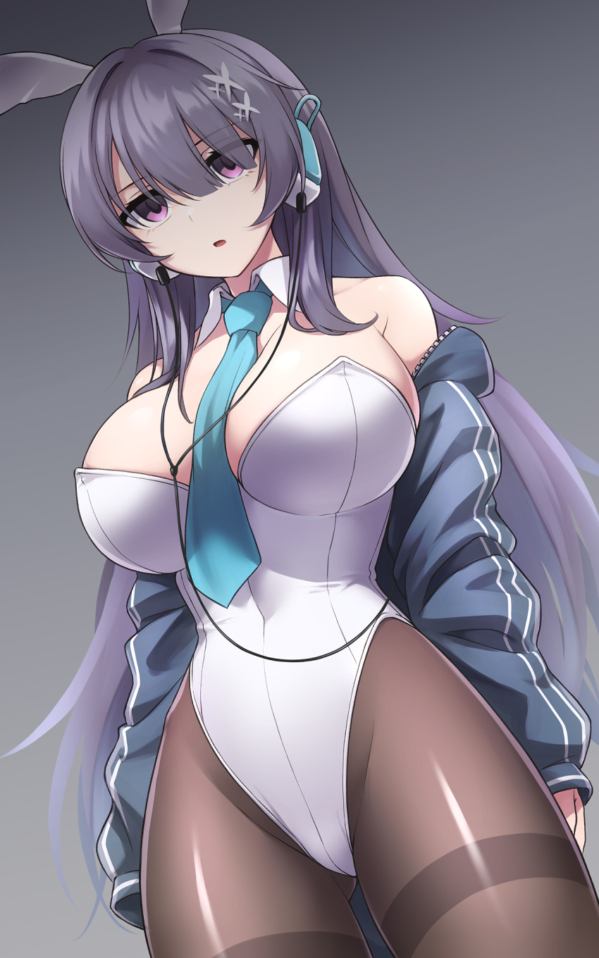 animal_ears breasts counter:side detached_collar fake_animal_ears female grey_hair highleg highleg_leotard highres jacket jin_bora_(counter:side) large_breasts leotard necktie open_clothes open_jacket pantyhose pataneet playboy_bunny purple_eyes rabbit_ears rabbit_tail solo strapless strapless_leotard tail white_leotard