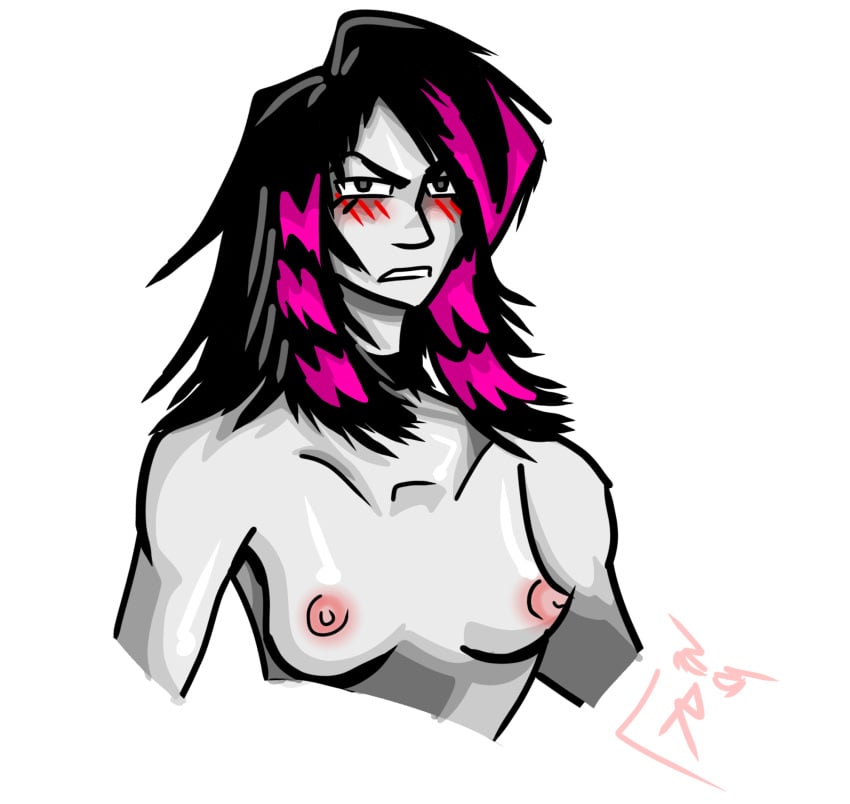 black_hair blush breasts bust digital_drawing_(artwork) embarrassed emo_girl emo_hair female female_only nipples no_source nuclear_pink oc official official_art original_character picture pink_hair pink_nipples risobase samantha sketch small_breasts stripes