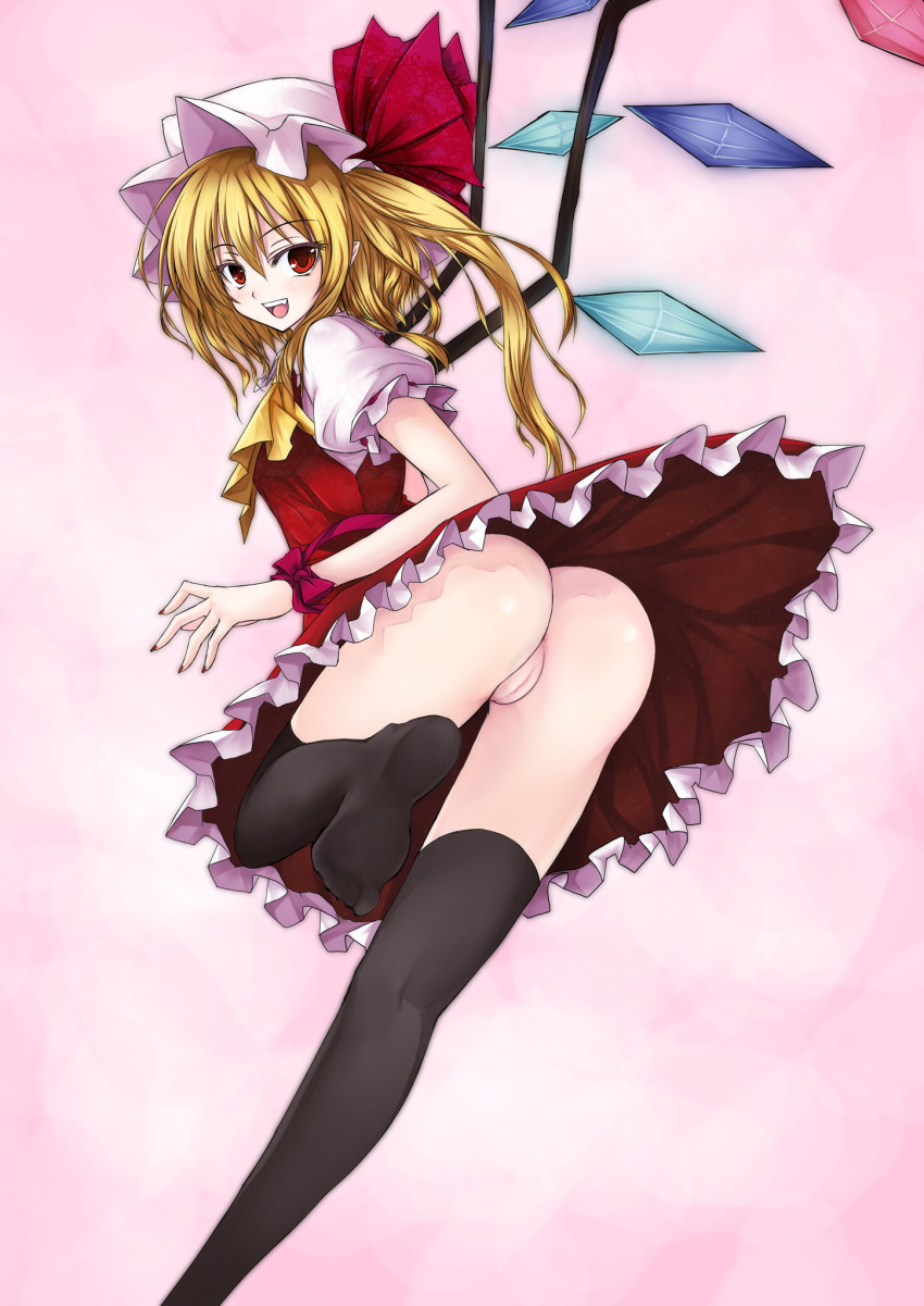 black_legwear black_thighhighs blonde_hair fangs feet female flandre_scarlet hat highres legs looking_at_viewer looking_back nail_polish no_panties pointless_censoring pointy_ears ponytail pussy red_eyes running short_hair side_ponytail smile teenage thighhighs tied_hair touhou uncensored utakata_(0824) wings wrist_ribbon