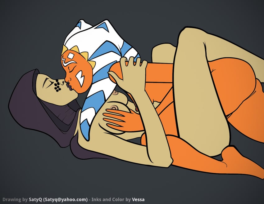 2girls ahsoka_tano barriss_offee breast_grab breasts clone_wars female female_only jedi kissing mirialan multiple_girls satyq star_wars tagme text the_clone_wars:_season_four togruta yuri