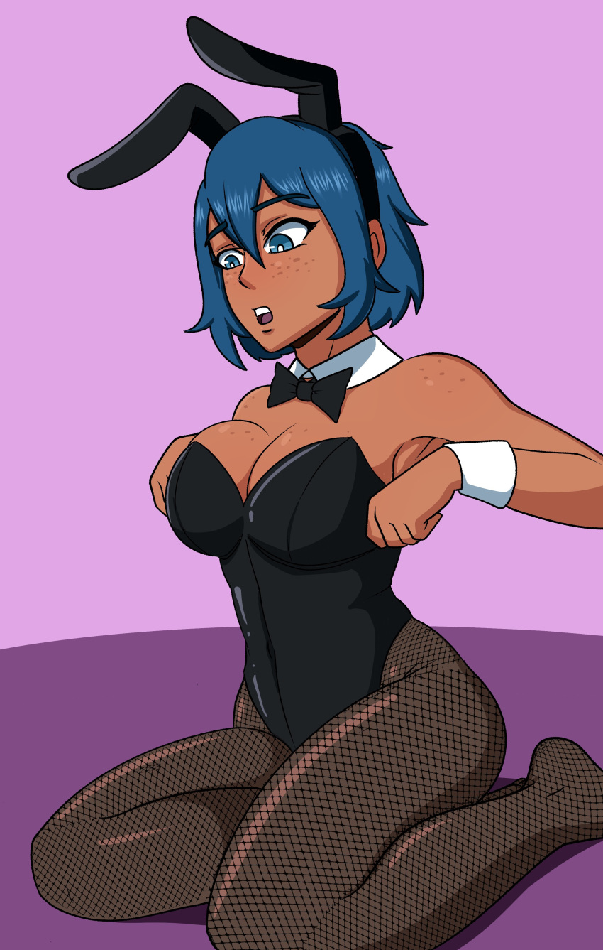 1girls :o absurd_res blue_eyes blue_hair bunny_ears bunny_ears_(cosmetic) bunnysuit detached_collar female female_only fishnet_pantyhose freckles kneeling ludinsketches medium_hair neck_ribbon pantyhose solo tara_(ludinsketches) wrist_cuffs