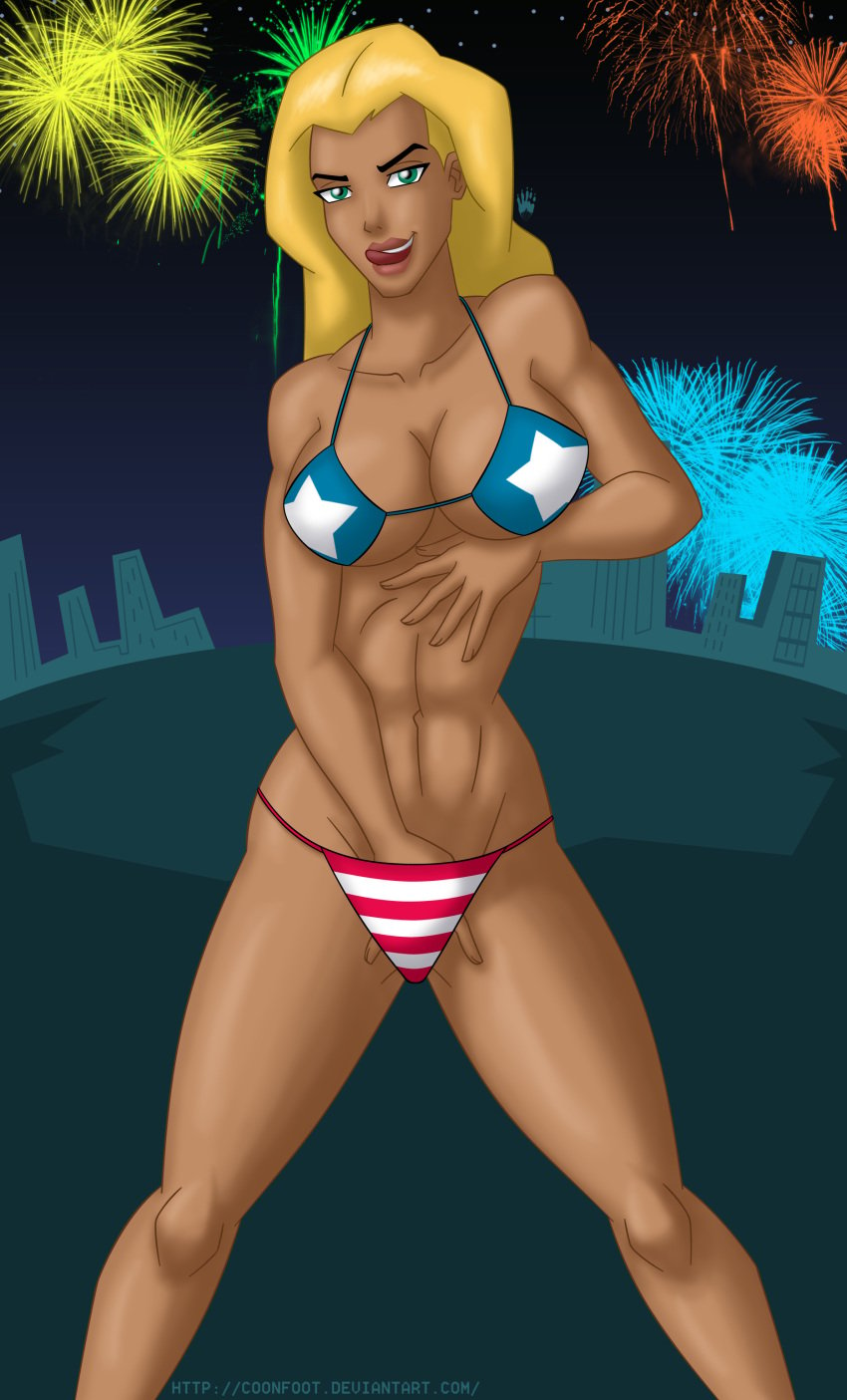 artemis_(dc) artemis_crock big_breasts bikini blonde_hair clothes coonfoot dc earth_16 imminent_fingering licking_lips tongue young_justice