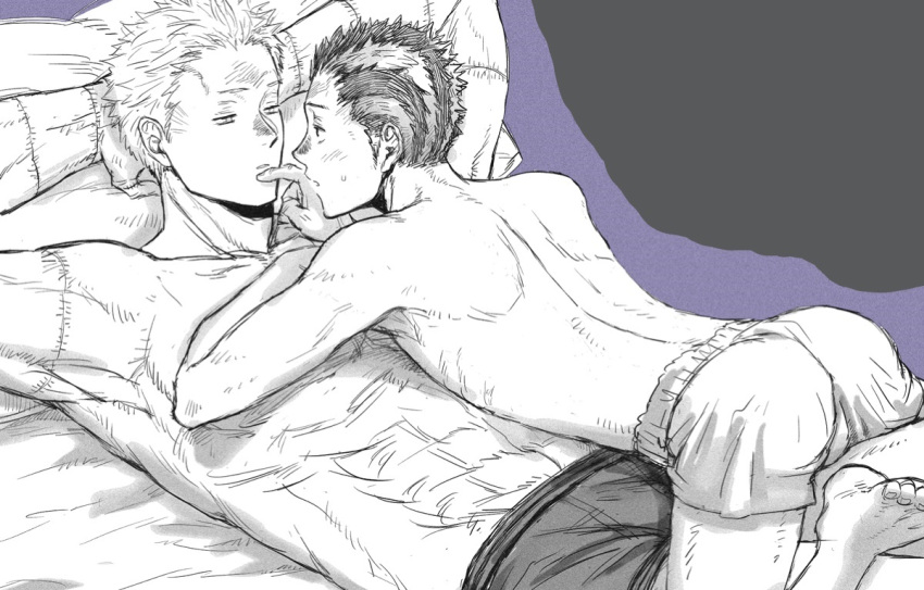 2boys boxers cuddling dorohedoro fujita male_only muscular_male on_stomach shin_(dorohedoro) size_difference underwear_only yaoi