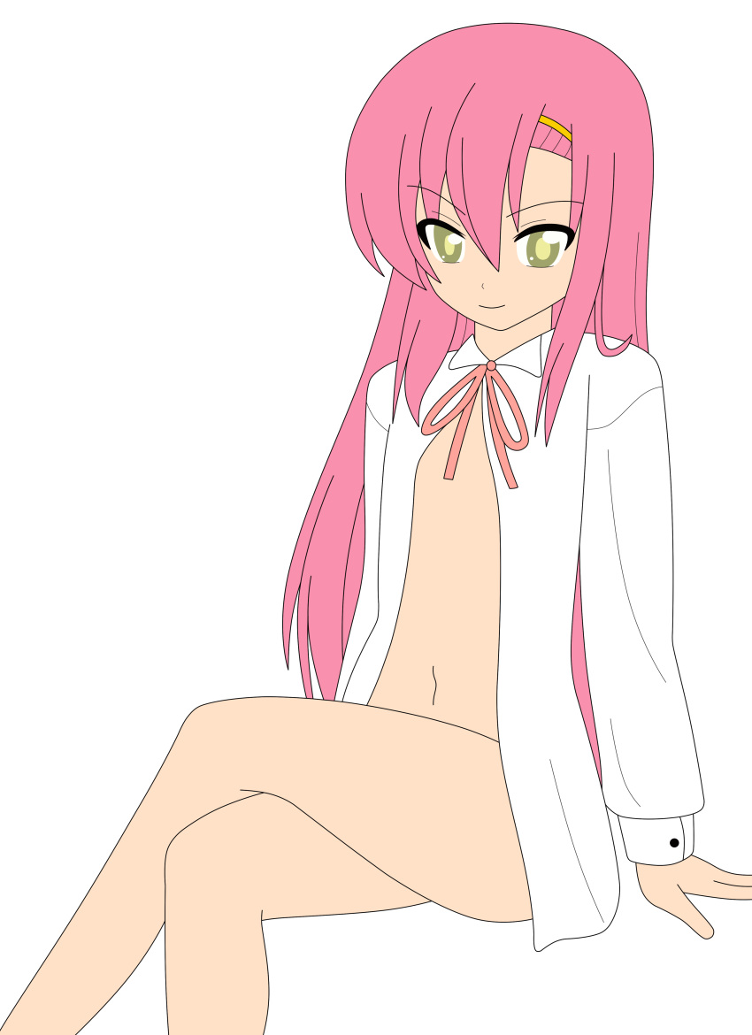 crossed_legs female hayate_no_gotoku! highres hinagiku_katsura katsura_hinagiku legs legs_crossed long_hair no_bra no_panties nude pajamas photoshop pink_hair smile thighs vector_trace yellow_eyes