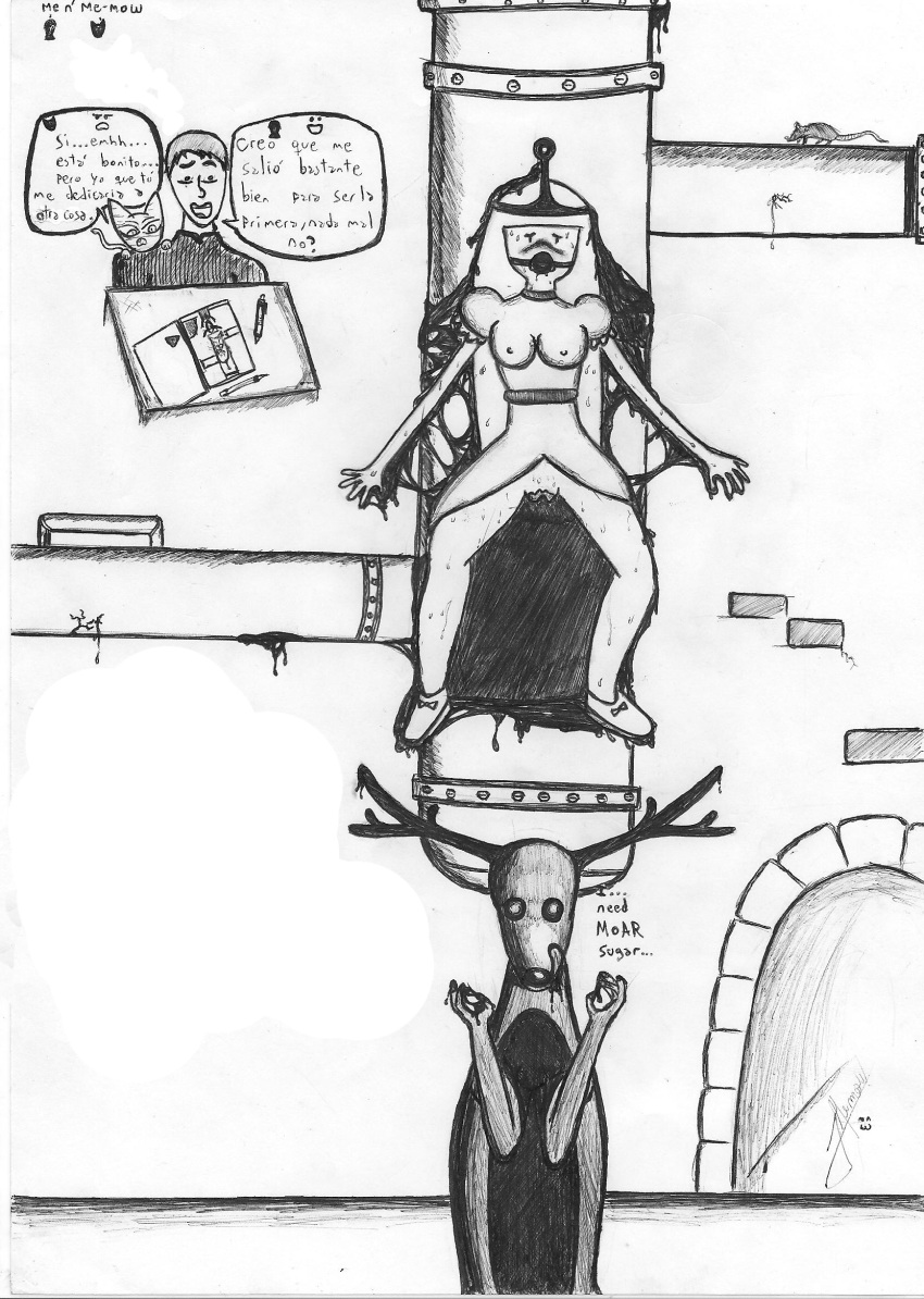 2012 adventure_time ambiguous_gender artist_name artist_request bottomless breasts cartoon_network cat crown deer dress english_text female human humanoid male me-mow monochrome nipple_bulge pipe princess_bubblegum pussy spanish_text text the_deer