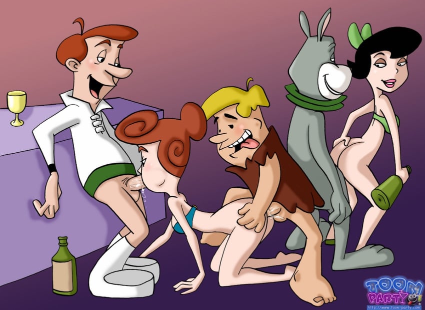 astro_the_space_mutt barney_rubble betty_rubble crossover female george_jetson hanna-barbera human husband_and_wife male penis straight swingers testicles the_flintstones the_jetsons toon-party wilma_flintstone zoophilia