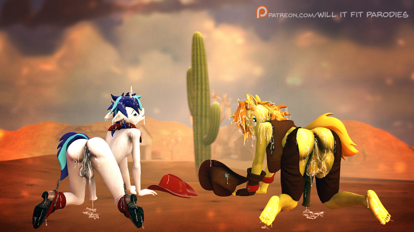 3d all_fours animal_genitalia animal_penis anthro ass balls barefoot boots braeburn_(mlp) cactus clothing cowboy cowboy_boots cowboy_hat cum cum_everywhere cum_in_mouth cum_inside cum_on_ass cum_on_balls cum_on_face cum_on_feet cum_on_ground desert equine_penis exposed feet footwear friendship_is_magic hat horsecock looking_at_viewer looking_back male messy my_little_pony nude patreon penis presenting scarf sheriff_badge shining_armor_(mlp) source_filmmaker vest willitfit yaoi