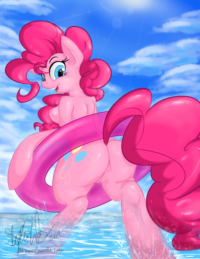 2014 anthro ass berndem-bones blue_eyes breasts cloud cutie_mark earth_pony equine eyelashes female floaty friendship_is_magic fur hair happy horse looking_at_viewer mammal my_little_pony nipples nude outside pink_fur pink_hair pinkie_pie_(mlp) pony pussy solo straight_hair water