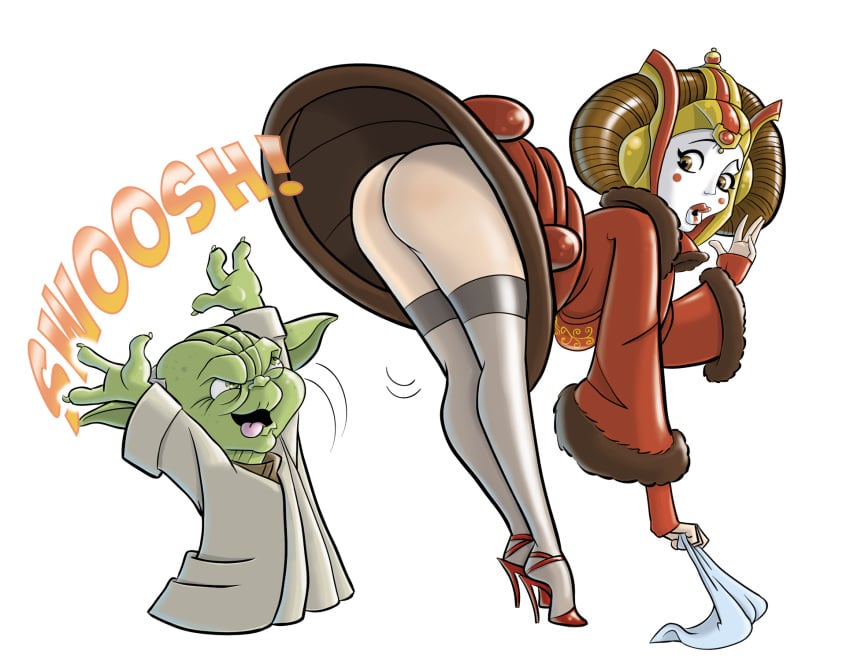 1boy 1girls ackers23 ass assisted_exposure embarrassed exposed exposed_ass female headdress high_heels humor jedi jedi_master large_ass male milf mother no_panties padme_amidala skirt skirt_flip skirt_lift star_wars stockings the_phantom_menace yoda yoda's_species