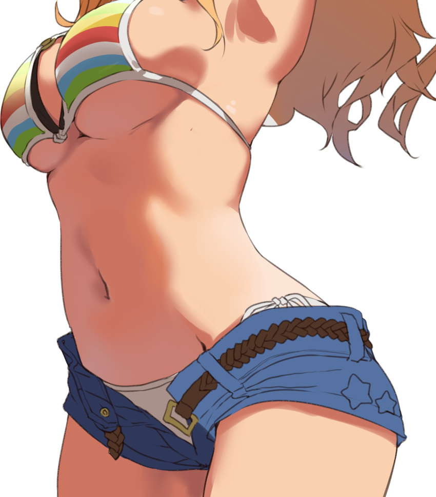 1girls belt bikini blonde_hair breasts cowboy_shot curvy female female_only gyaru head_out_of_frame highres idolmaster idolmaster_cinderella_girls kogal kurokin large_breasts layered_bikini long_hair navel o-ring o-ring_top ootsuki_yui open_pants short_shorts shorts side-tie_bikini simple_background skindentation solo striped striped_bikini swimsuit unbuckled unbuckled_belt unbuttoned underboob undone_belt unzipped white_background