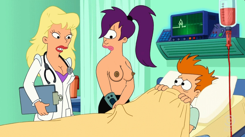 1_eye 1boy 2girls awkward bender_bending_rodriguez bimbo blonde_hair cleavage clipboard curtains cyclops electrocardiogram erection_under_blanket futurama high_ponytail hospital_bed iv_drip iv_line iv_stand labcoat lauren_cahill looking_at_erection mutant orange_hair philip_j_fry pillow purple_hair small_breasts staring_at_erection stethoscope tagme teenage_girl_and_younger_boy topless_female transfusion turanga_leela when_you_see_it