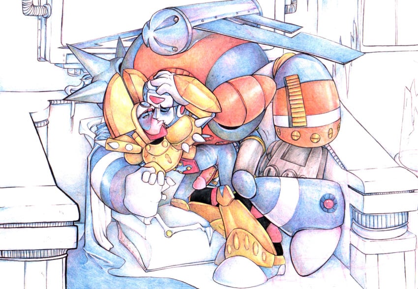 2boys anal big_feet big_hands blushing capcom closed_eyes colored duo duo_(mega_man) gay half-closed_eyes holding_hands holding_head king king_(mega_man) kissing larger_male male_only mega_man mega_man_8 robot_master rockman_&_forte smaller_male sony-shock throne traditional_media_(artwork) video_games yaoi