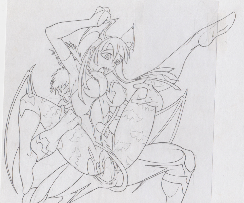 1boy 1girls clothed_sex clothing crossover darkstalkers female male marvel monochrome morrigan_aensland nightcrawler selrock sex small_breasts straight tagme torn_clothes x-men