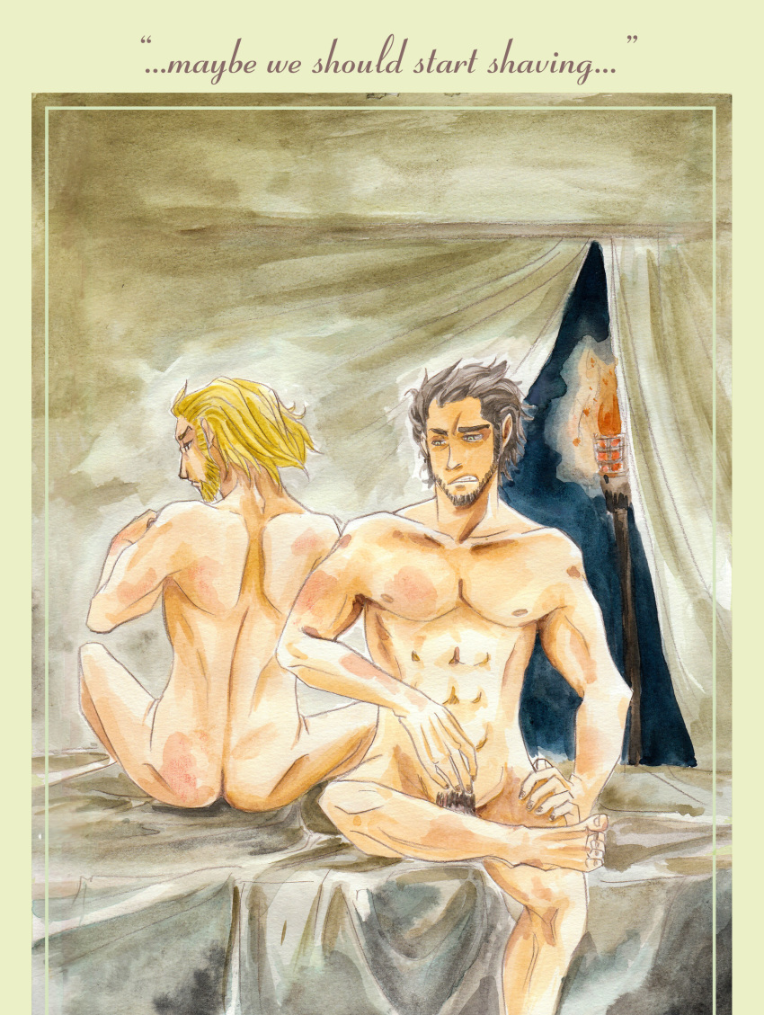 2boys abs after_sex artist_request ass basch_fon_ronsenburg biceps black_hair blonde_hair facial_hair final_fantasy final_fantasy_xii fire gay male male_only multiple_boys muscles navel nude pecs penis pubic_hair tent torch vossler_york_azelas yaoi