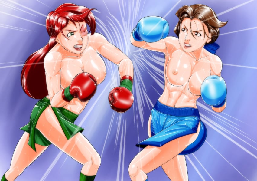 2girls ariel beauty_and_the_beast belle blue_boxing_gloves blue_gloves blue_socks bow boxing boxing_gloves boxing_match boxing_skirt breasts brown_eyes brown_hair bruised_eye catfight company_connection crossover disney disney_princess duo female female_only fight gloves green_eyes green_socks human light-skinned_female light_blue_boxing_gloves light_blue_gloves light_skin lips long_hair mouth_guard multiple_girls nipples nude open_mouth pugilismx red_boxing_gloves red_gloves red_hair shiny_hair shiny_skin simple_background socks the_little_mermaid thick thick_thighs thighs topless topless_boxing wide_hips