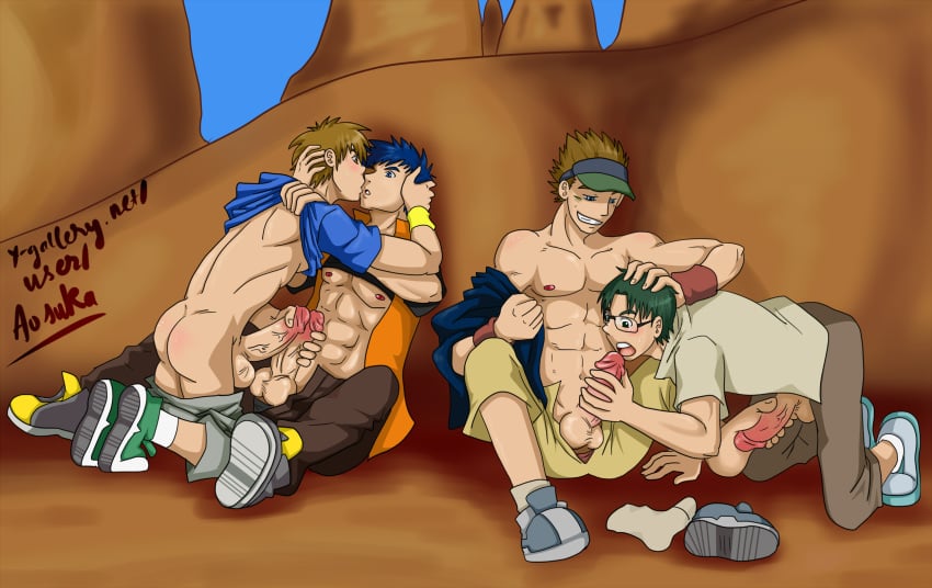 4boys abs aosuka artist_name balls_out barefoot blue_eyes blue_hair digimon digimon_tamers dirty_blonde_hair dual_handjob erect_nipples erection exposed_nipples feet fellatio footjob footjob_with_one_foot frottage gay glasses green_eyes green_hair handjob henry_wong holding_penis human human_only imminent_fellatio imminent_kiss imminent_oral kazu_shioda kenta_kitagawa lee_jianliang male male/male male_only mouth_open multiple_boys muscle oral oral_sex orgy pants_down pecs penis penis_size_difference penises_touching shirt_lift shirt_removed shirt_up socks_and_shoes spiky_hair spread_legs takato_matsuki two_on_two undressing veiny_penis visor_cap yaoi