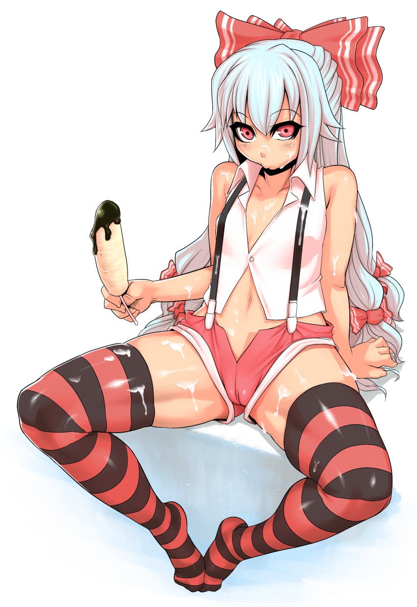 alternate_costume blush bukkake cameltoe chocolate_banana choker cum cum_on_belly cum_on_body cum_on_clothes cum_on_lower_body cum_on_thighs cum_on_upper_body facial fujiwara_no_mokou hair_ribbon highres hotpants legs long_hair navel red_eyes red_legwear ribbon rojiura_jack sexually_suggestive short_shorts shorts sitting striped striped_legwear striped_thighhighs suspenders thighhighs thighs touhou white_hair