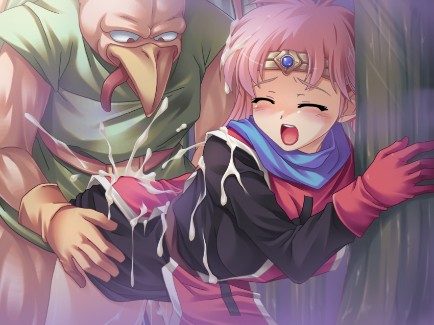 1girls blush breasts closed_eyes clothed_sex clothing cum cum_on_clothes dragon_quest dragon_quest_dai_no_daibouken dress female human long_hair maam medium_breasts monster pale-skinned_female pale_skin pink_hair priestess reason_(artist) red_eyes shounen_jump