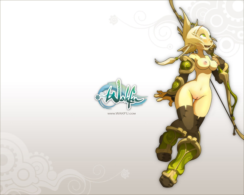 1girls ankama archer blonde_hair blush braid breasts elf female female_only green_eyes nude nude_filter pussy solo uncensored wakfu