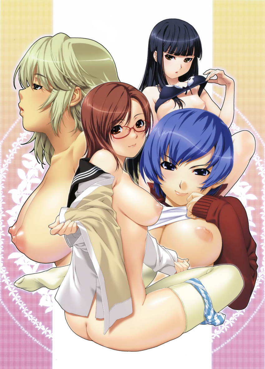 ass black_hair blonde_hair blue_eyes blue_hair bra bra_lift breasts brown_eyes brown_hair butt_crack flat_chest glasses green_eyes high_resolution ino large_breasts lingerie long_hair looking_at_viewer matsuo_chikako morishige_misora niizuma_wa_serafuku nipples nude open_clothes open_shirt panties panties_around_one_leg panty_pull red_eyes scan school_uniform serafuku shirt shirt_lift short_hair sitting skindentation smile striped striped_panties tazawa_akira thighhighs tsubakiyama_kiyoki underwear undressing