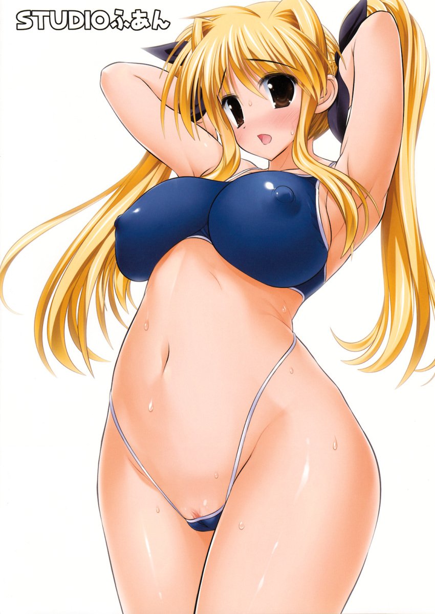 1girls arms_behind_head backless_panties blonde_hair blush breasts brown_eyes cameltoe clit_slip clitoris_slip curvy erect_nipples fate_testarossa female female_only highleg highleg_panties highres impossible_clothes impossible_clothing impossible_shirt large_breasts long_hair lyrical_nanoha mahou_shoujo_lyrical_nanoha mahou_shoujo_lyrical_nanoha_strikers micro_panties panties pussy pussy_peek raidon ribbon shirt swimsuit tankini thong tied_hair twintails uncensored underwear wet