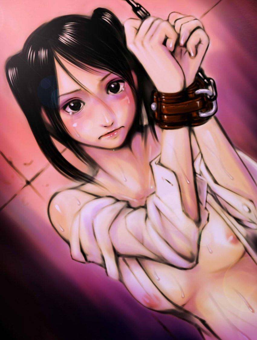 1girls arms_up black_eyes black_hair bondage breasts chains crying cute female highres kobito long_hair nipples open_clothes open_shirt shirt shirt_slip short_twintails solo tears tied_hair twintails wet