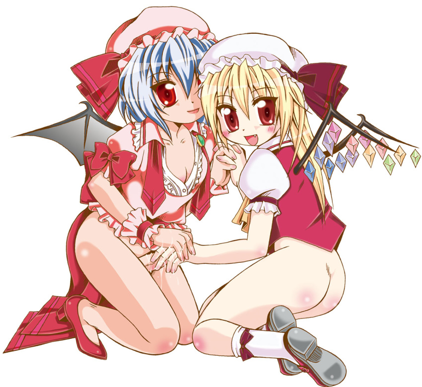 2girls bat_wings blonde_hair blue_hair blush bottomless bow cute_fang female female_only flandre_scarlet hat multiple_girls red_eyes remilia_scarlet ribbon short_hair siblings sisters touhou wings wrist_cuffs