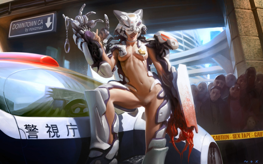 1girls blood cyborg female handcuffs navel noxizmad nude police police_car pussy realistic tagme vagina zenra