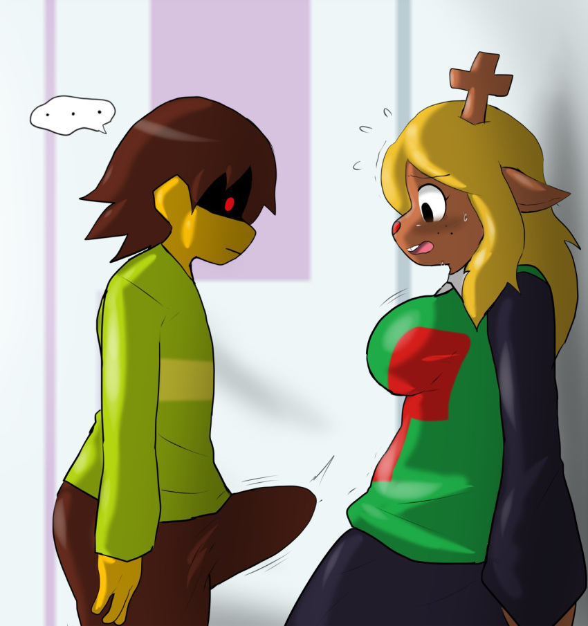 anthro blonde_hair bodily_fluids bottomwear breasts brown_body brown_hair bulge capreoline cervid clothed clothing deltarune duo enigi09 erection erection_under_clothing female glowing glowing_eyes hair hi_res human imminent_rape inside kris_(deltarune) looking_at_bulge looking_down male male/female mammal monster noelle_holiday pants red_eyes reindeer scared skirt snowgrave sweat sweater teenager topwear undertale_(series) video_games yellow_body young