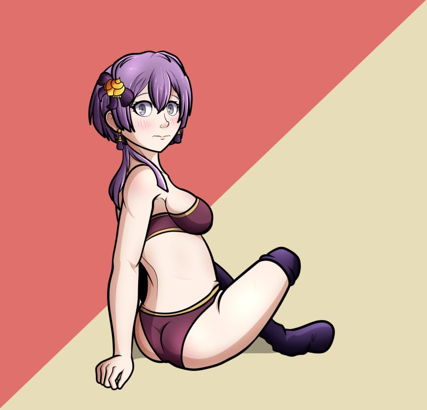 1girls ass bernadetta_von_varley fire_emblem fire_emblem:_three_houses fireboltpt grey_eyes looking_at_viewer looking_back medium_breasts nintendo post-timeskip purple_hair sitting sitting_on_floor thighs